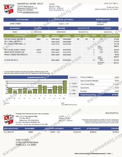 USA Wauwatosa Water utility bill template in Word and PDF formats